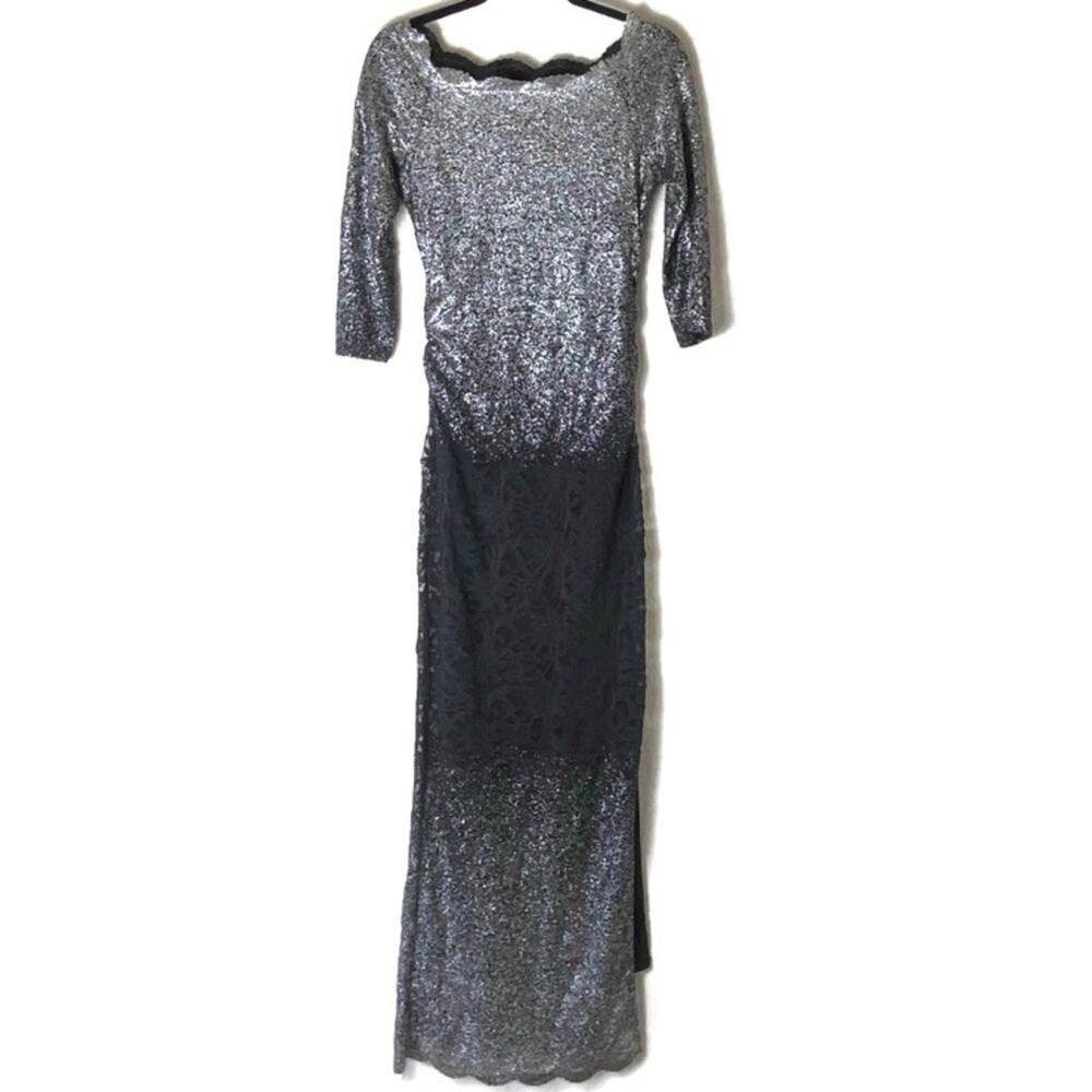 Marina Black & Silver Ombré Lace 3/4 Sleeve Maxi Dress Size 4